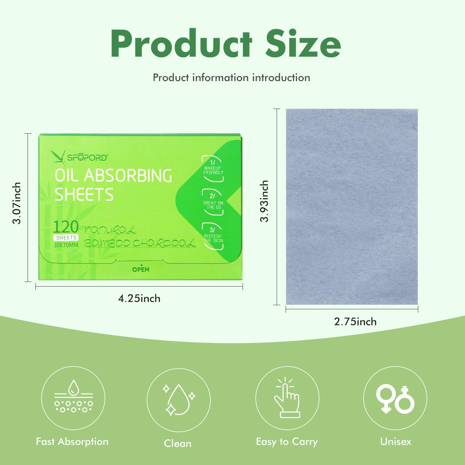 SFOPORD bamboo charcoal blotting paper – large 10 cm sheet ready for midday touch-ups.
