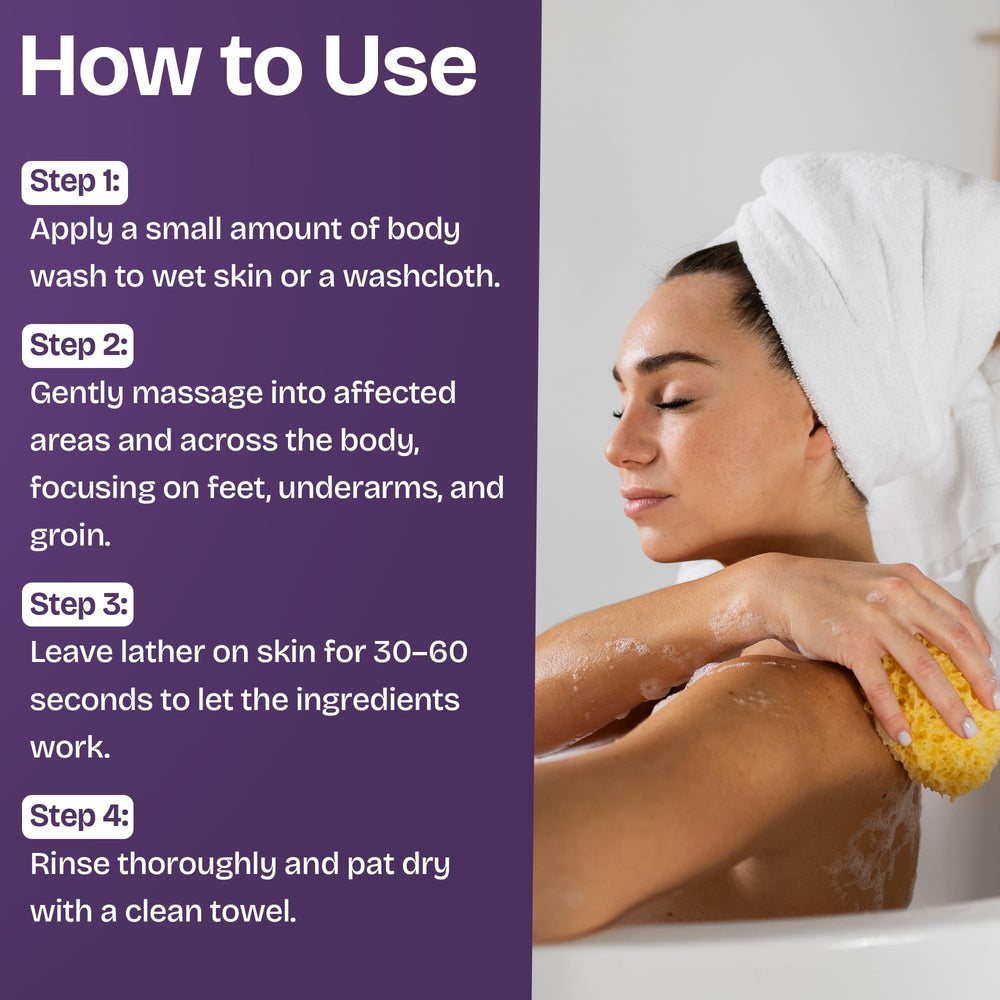 Shailee Tea Tree Body Wash back acne scene shows pore cleansing benefits.