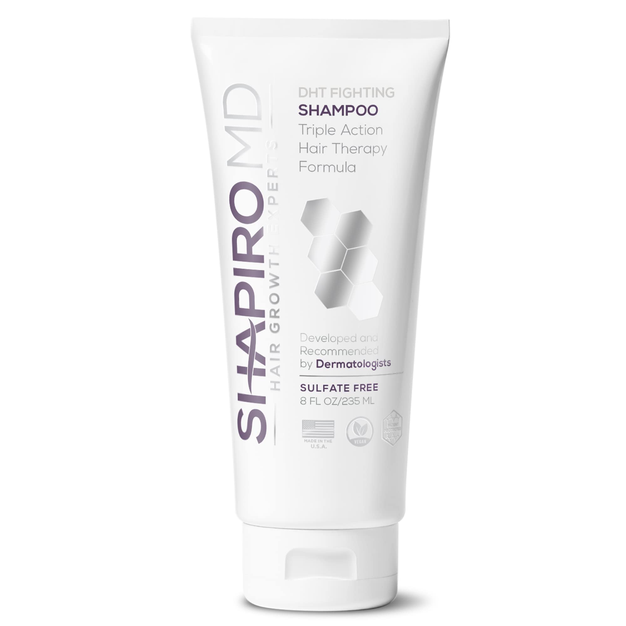 Shapiro MD Hair Growth Experts shampoo bottle on shelf showing DHT-fighting vegan formula for thinning hair