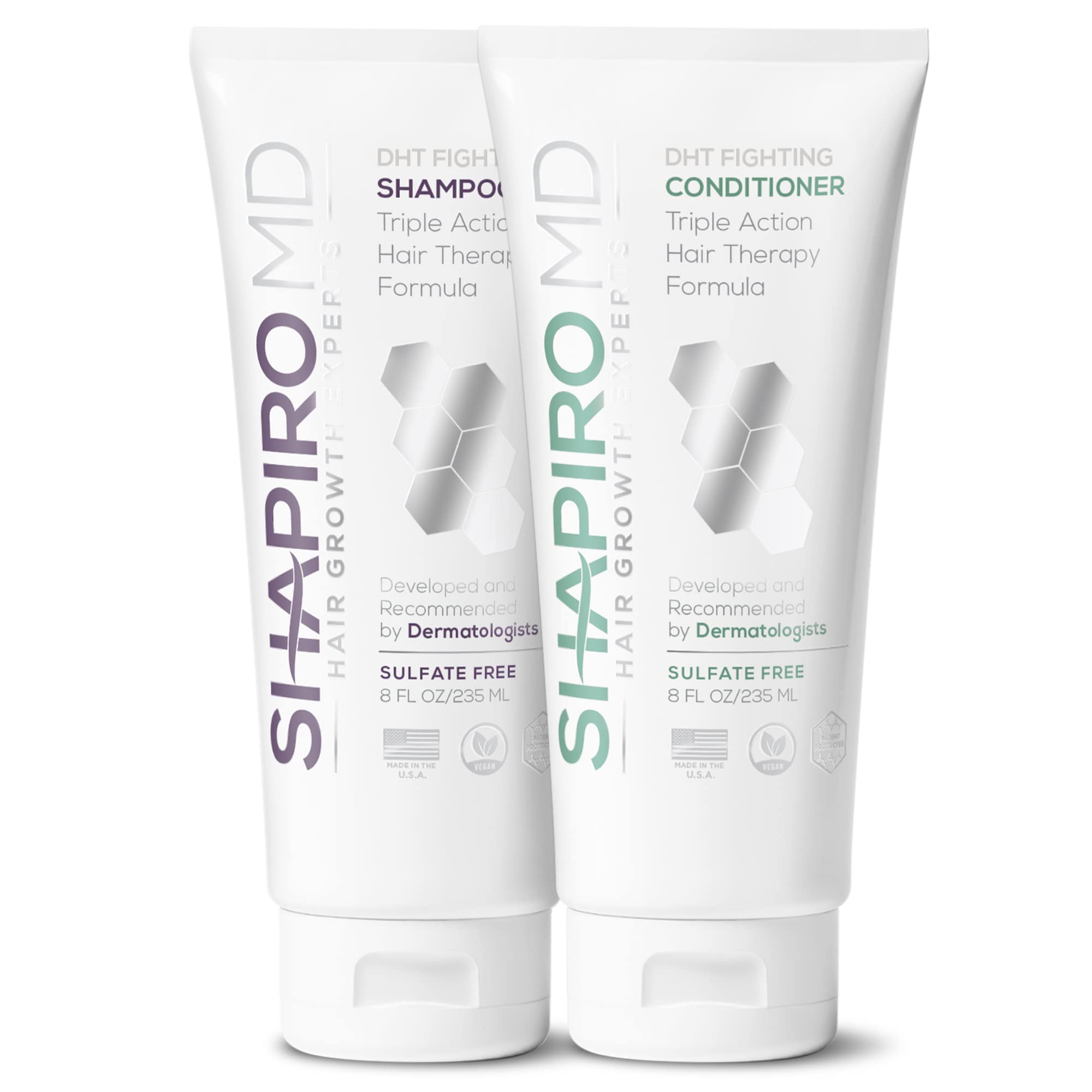 Shapiro MD Hair Growth Shampoo bottle showing DHT-fighting action for fuller hair.