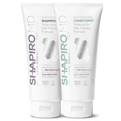 Shapiro MD Hair Growth Shampoo bottle showing DHT-fighting action for fuller hair.