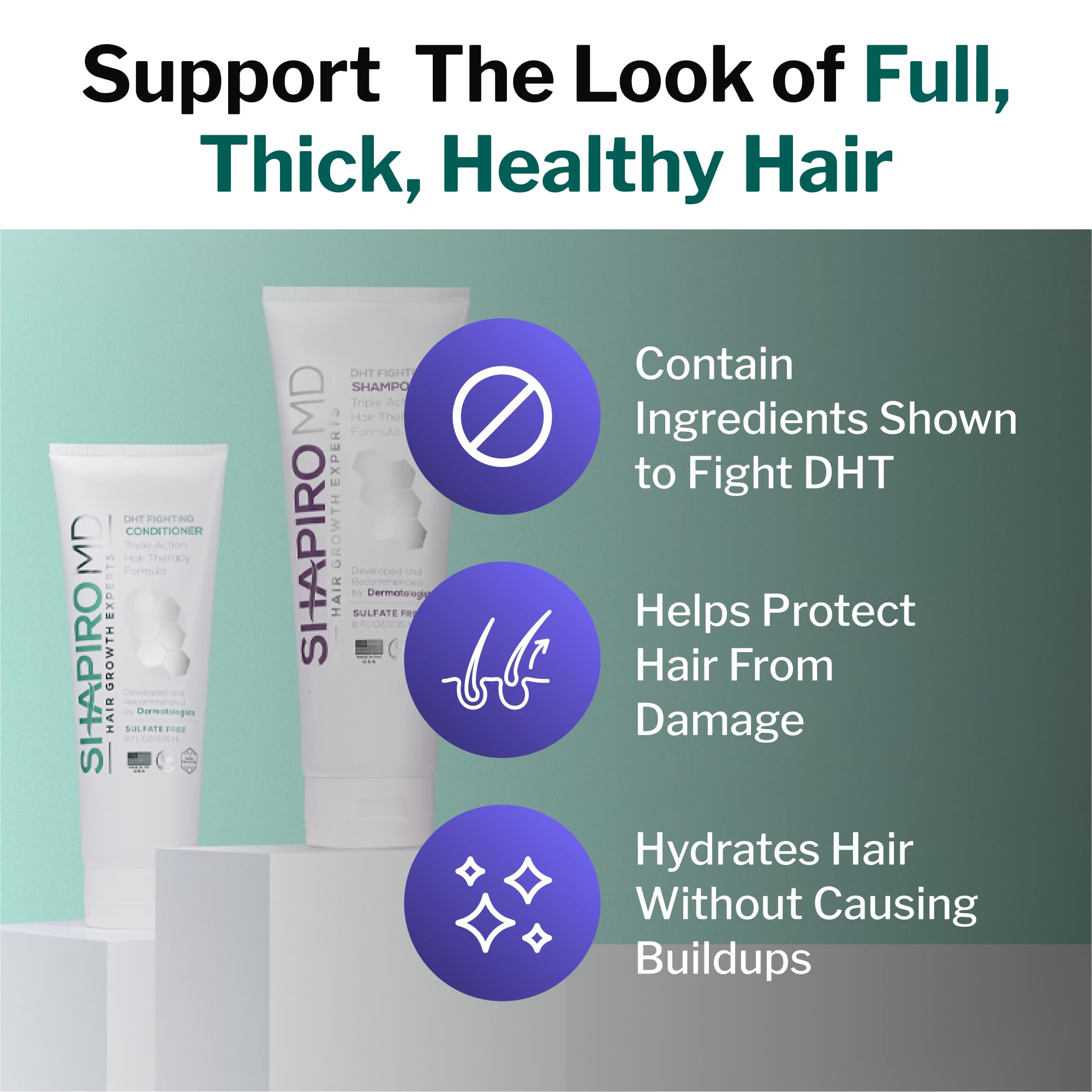 Shapiro MD triple-action ingredients close-up emphasizing DHT control for thicker appearance.