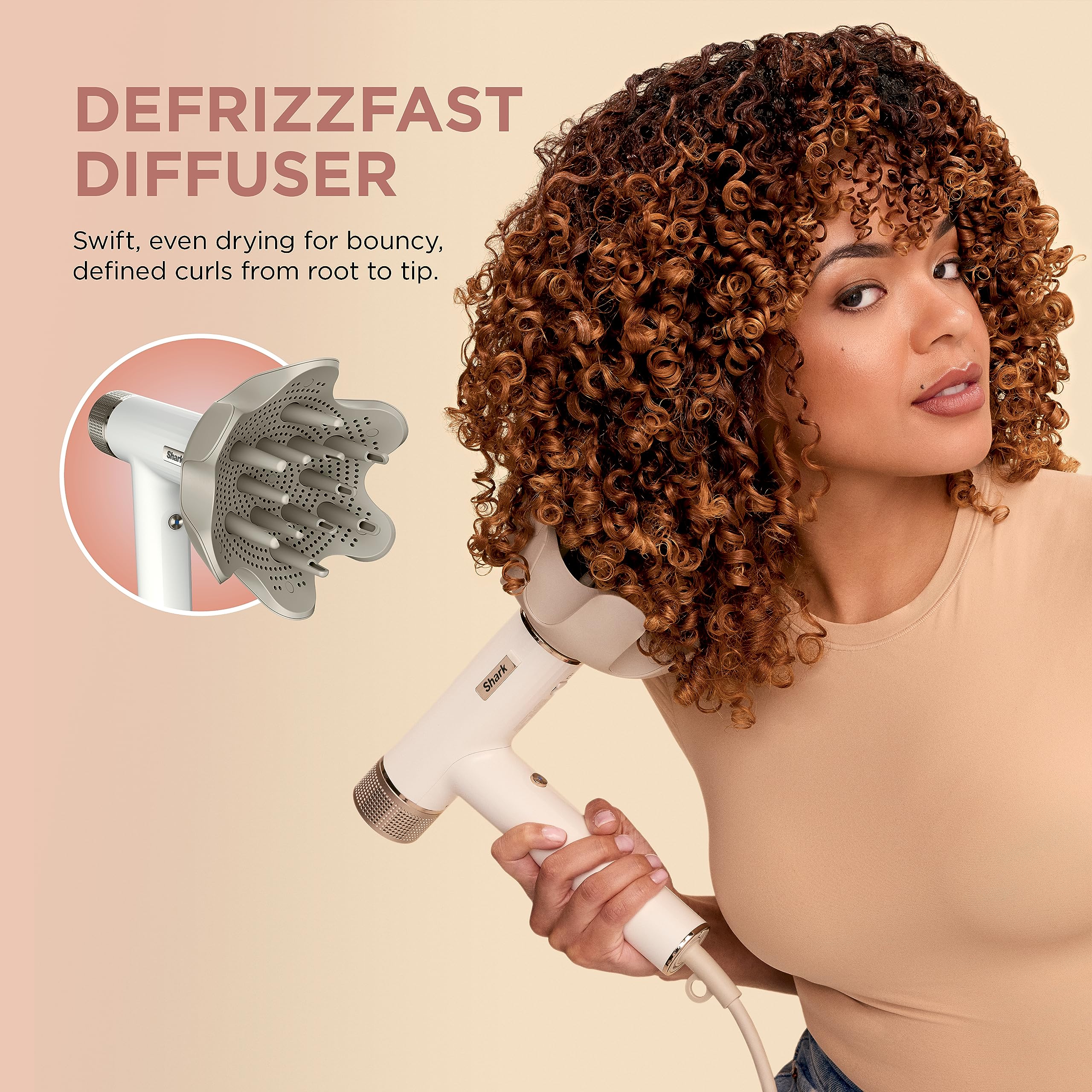 Shark DefrizzFast diffuser enhances curls with fast, even drying.