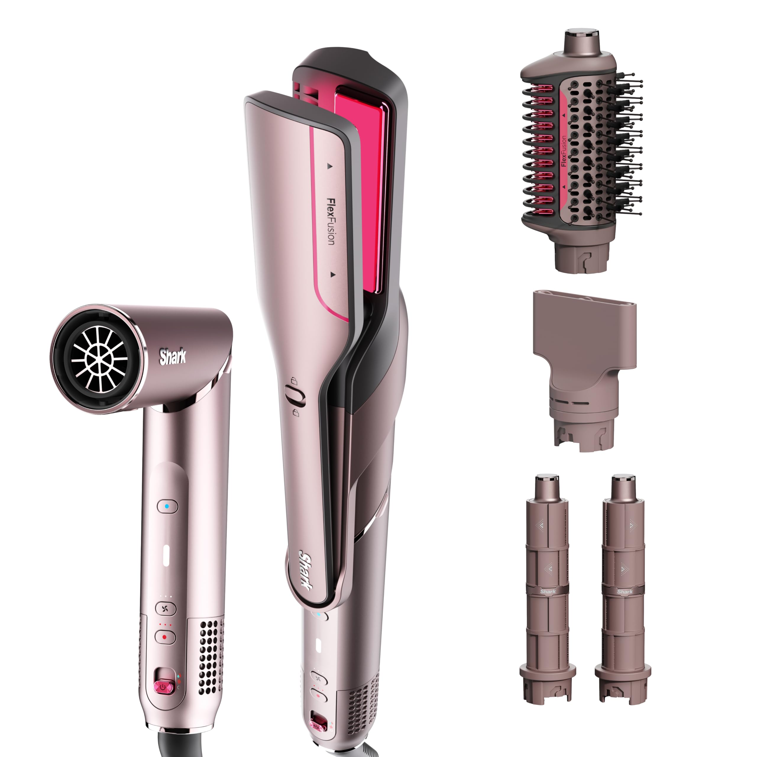 Shark FlexFusion straight wand demonstrates wet-to-dry styling with heat-controlled performance