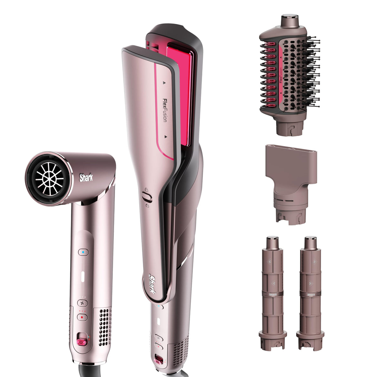 Shark FlexFusion straight wand demonstrates wet-to-dry styling with heat-controlled performance