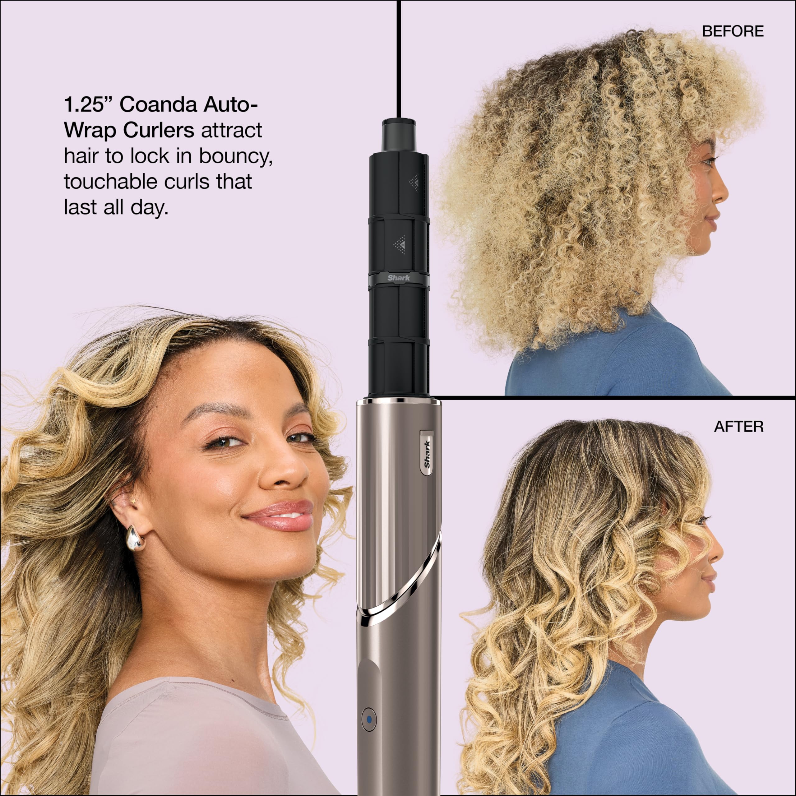 Shark FlexStyle auto-wrap curler creates defined curls with even heat.