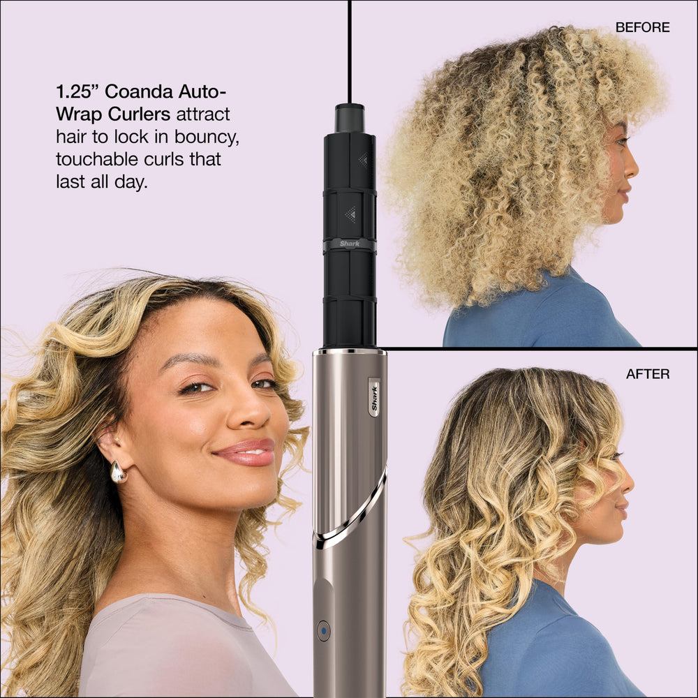 Shark FlexStyle auto-wrap curler creates defined curls with even heat.