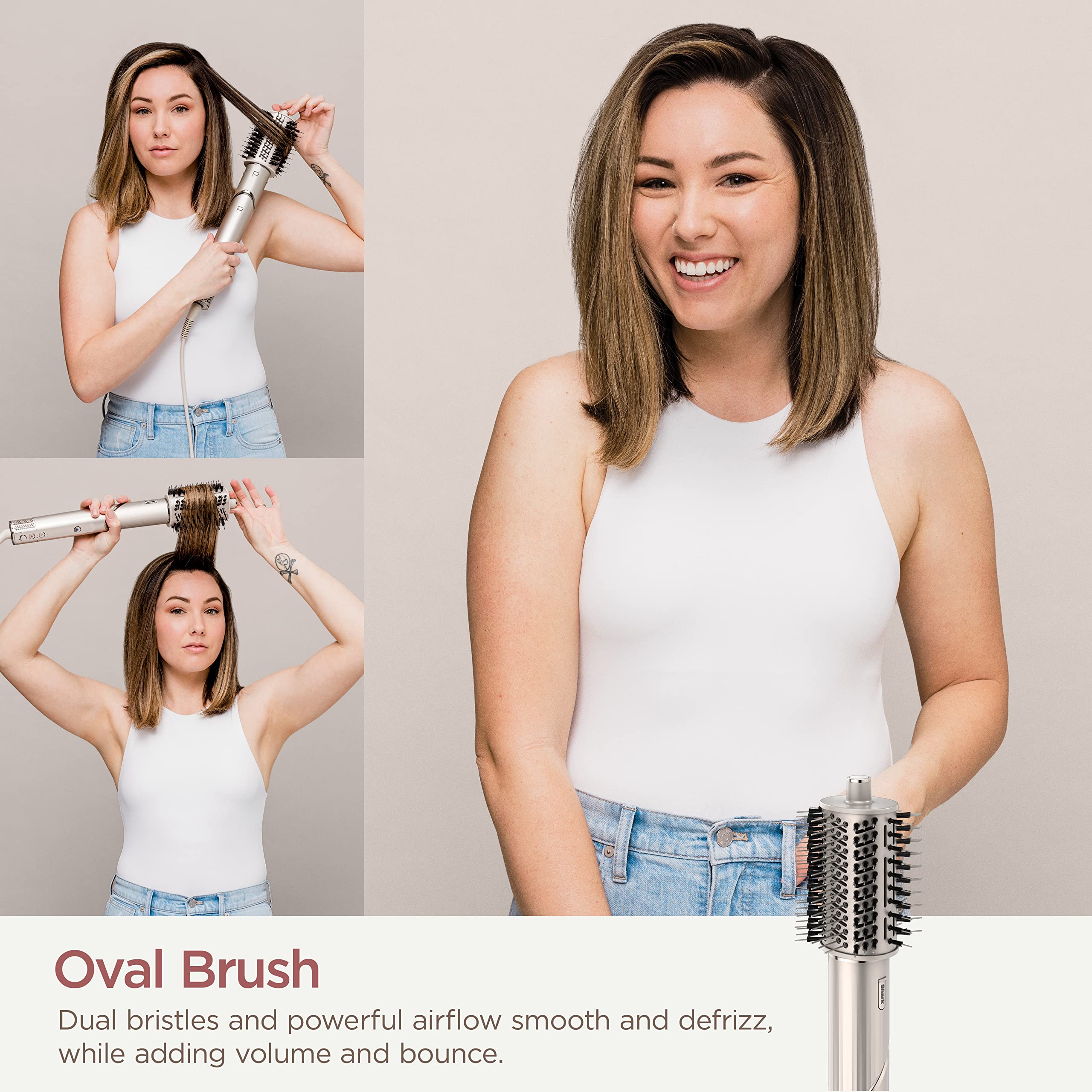 Shark FlexStyle paddle brush straightens and defrizzes with airflow.
