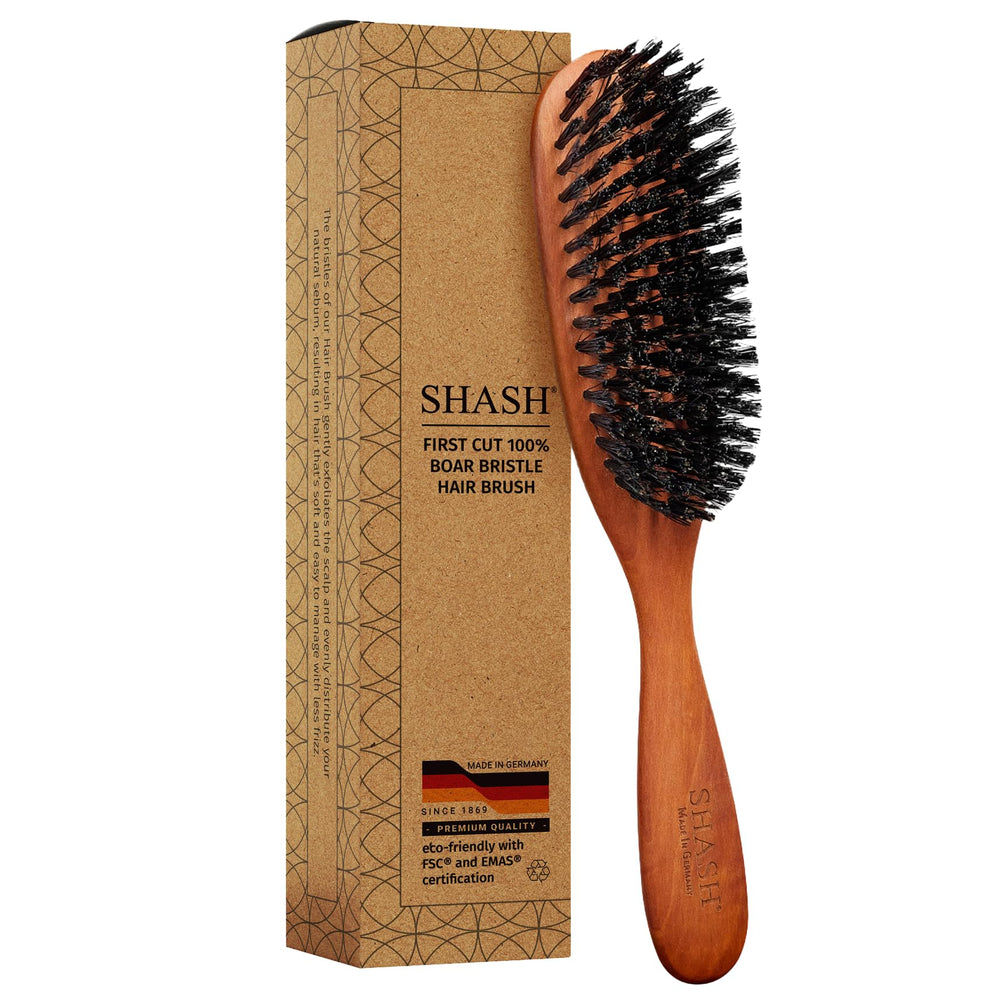 SHASH Classic First Cut boar bristle brush, front view, smooths hair by distributing natural oils