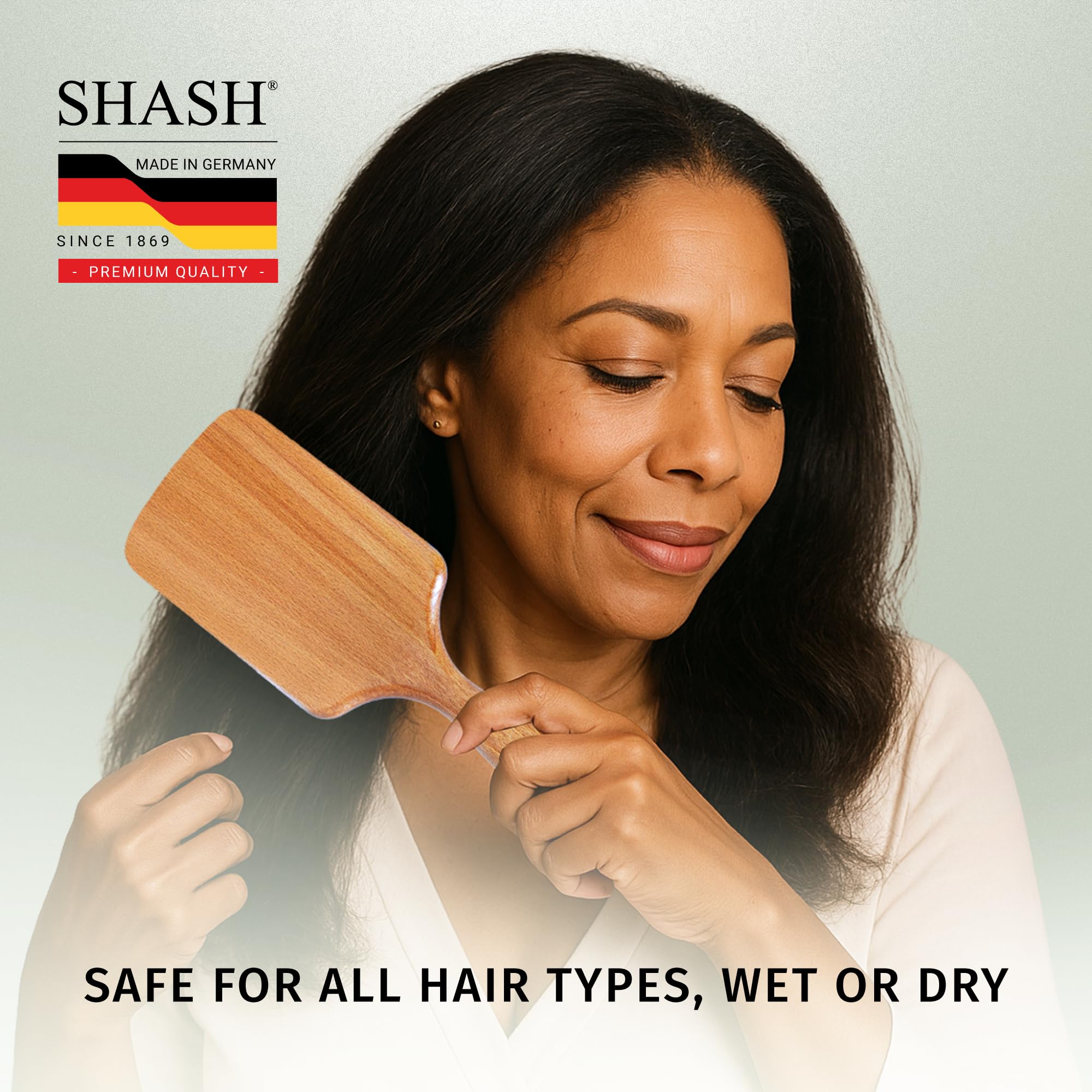 SHASH paddle brush works on wet or dry hair for versatile styling.