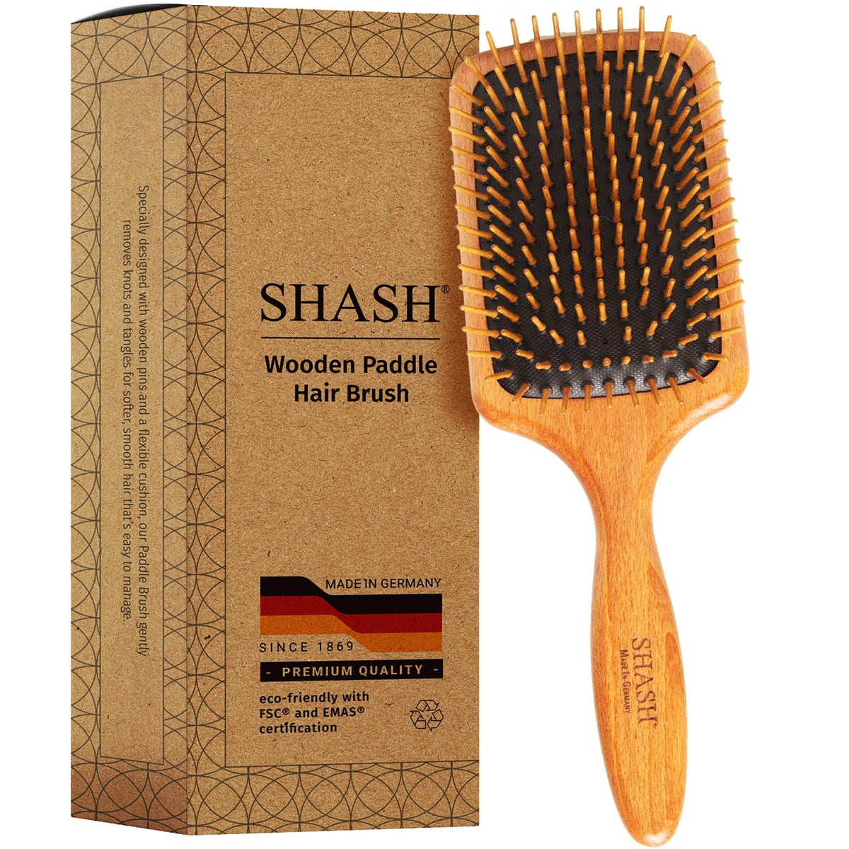 SHASH wooden paddle brush with long pins detangles gently on all hair types.