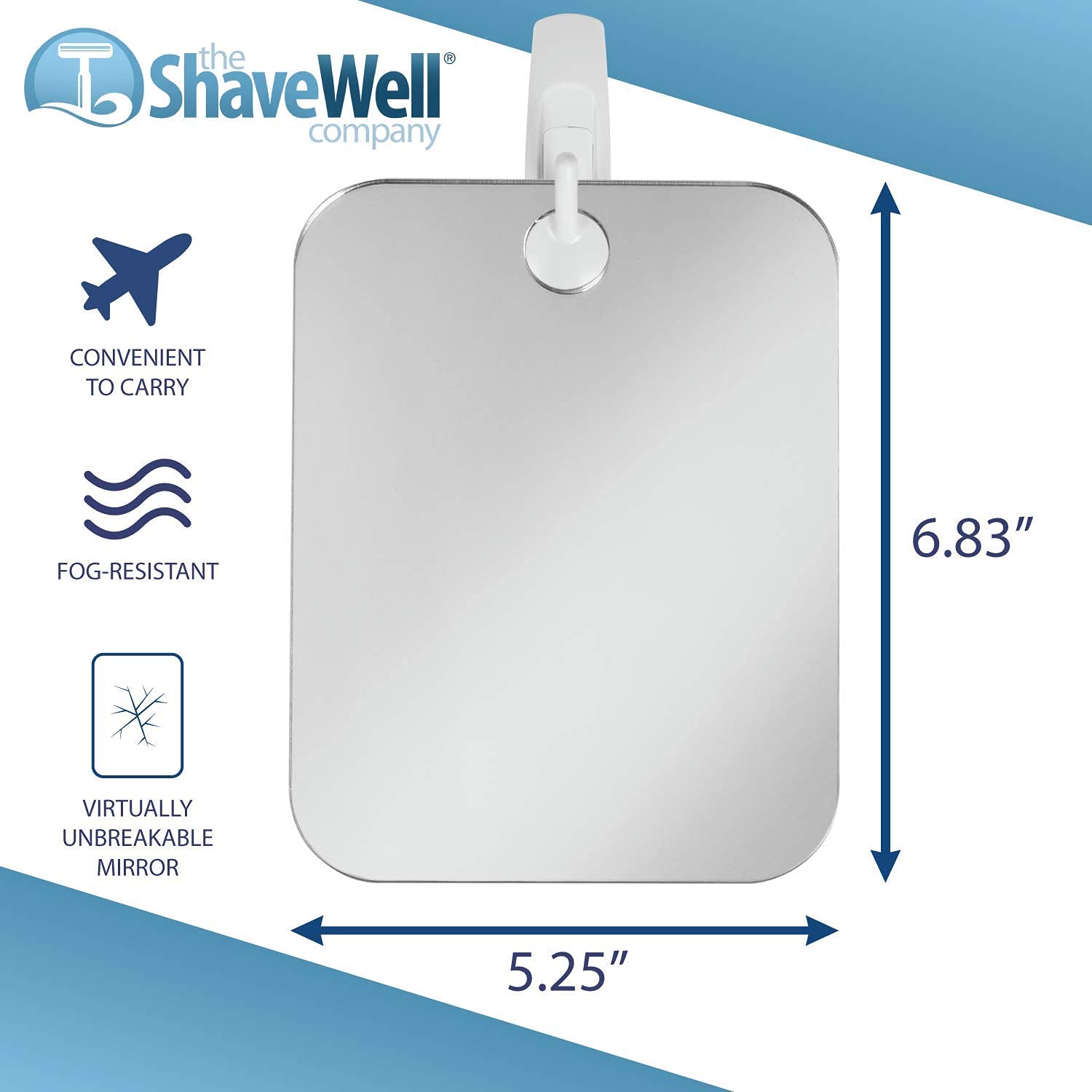 Adhesive hook secures the mirror on tile and stone surfaces without tools.