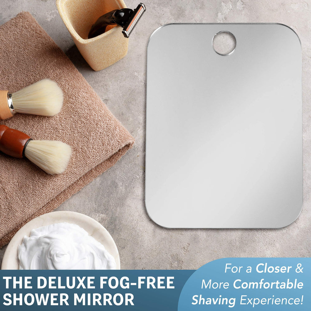In-shower setup with fogless mirror for a practical grooming routine.