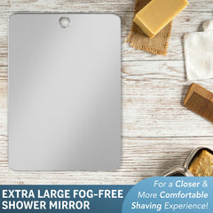 Eleven-point-six-two-five inch fogless mirror offers broad viewing.