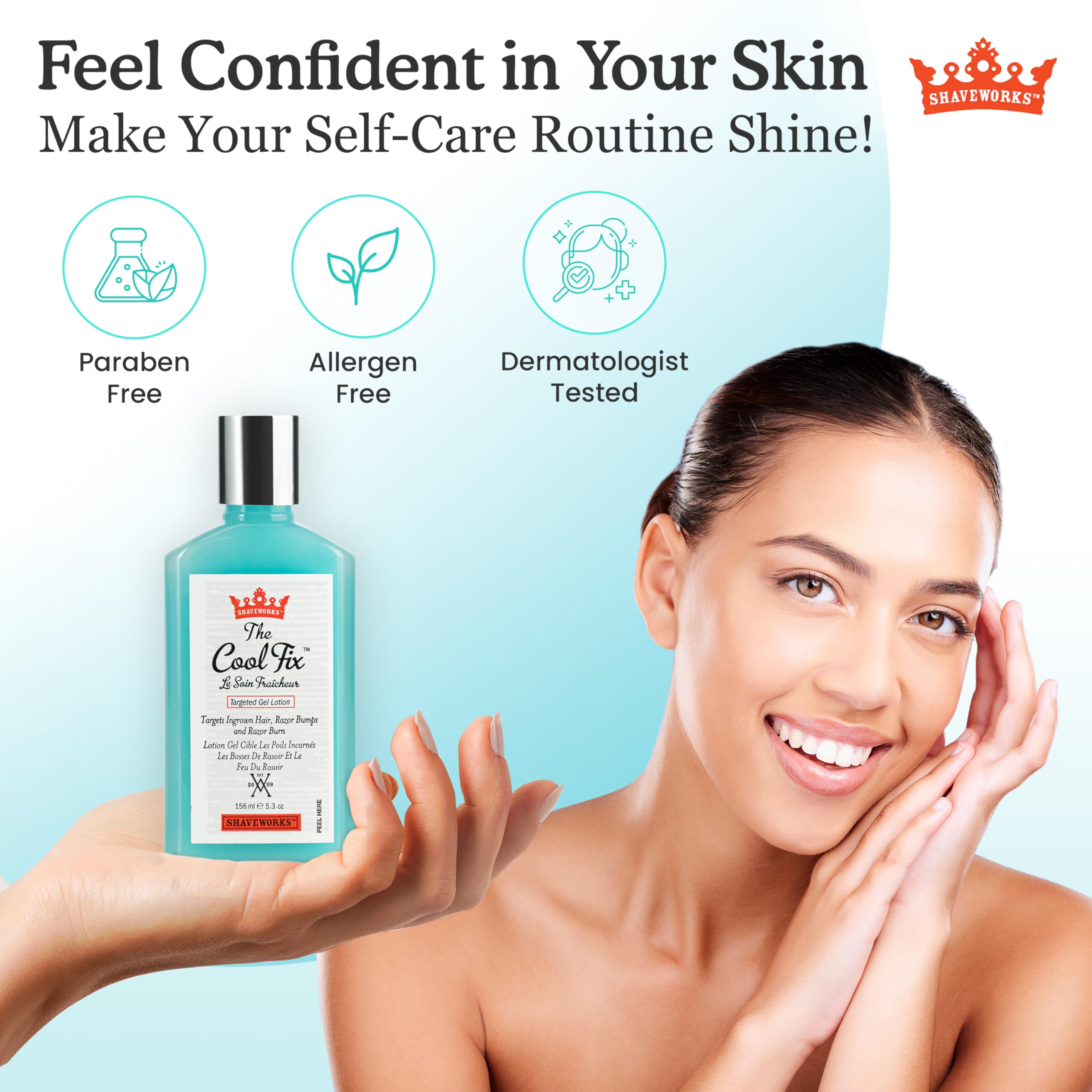 Dermatologist-tested Shaveworks Cool Fix label signals safety for intimate areas
