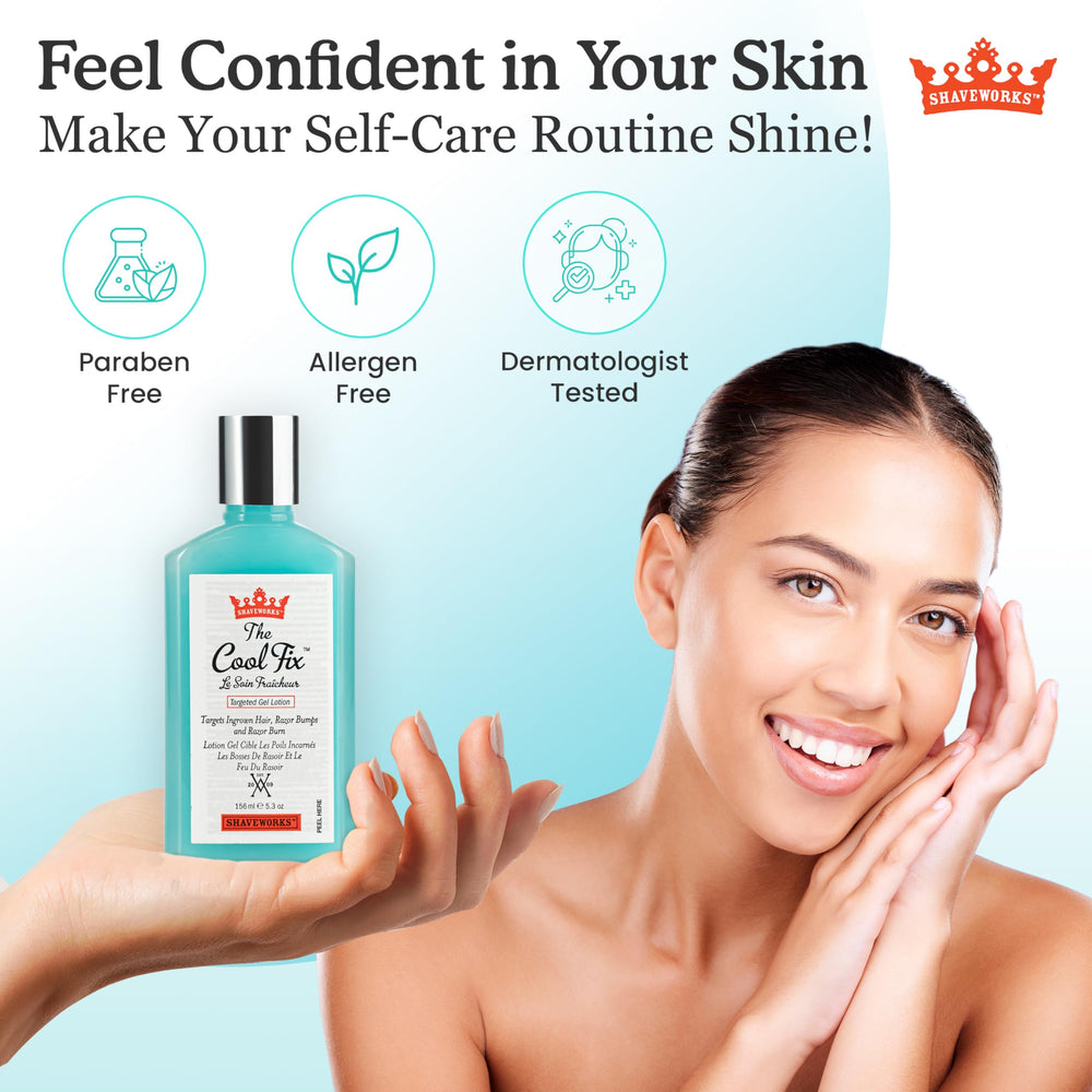 Dermatologist-tested Shaveworks Cool Fix label signals safety for intimate areas