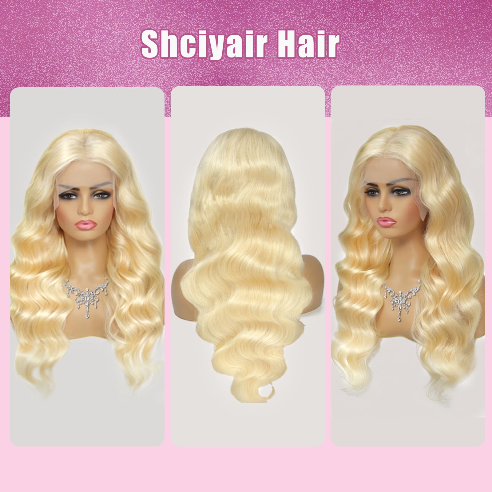 Shciyair blonde body-wave wig styled for a formal look