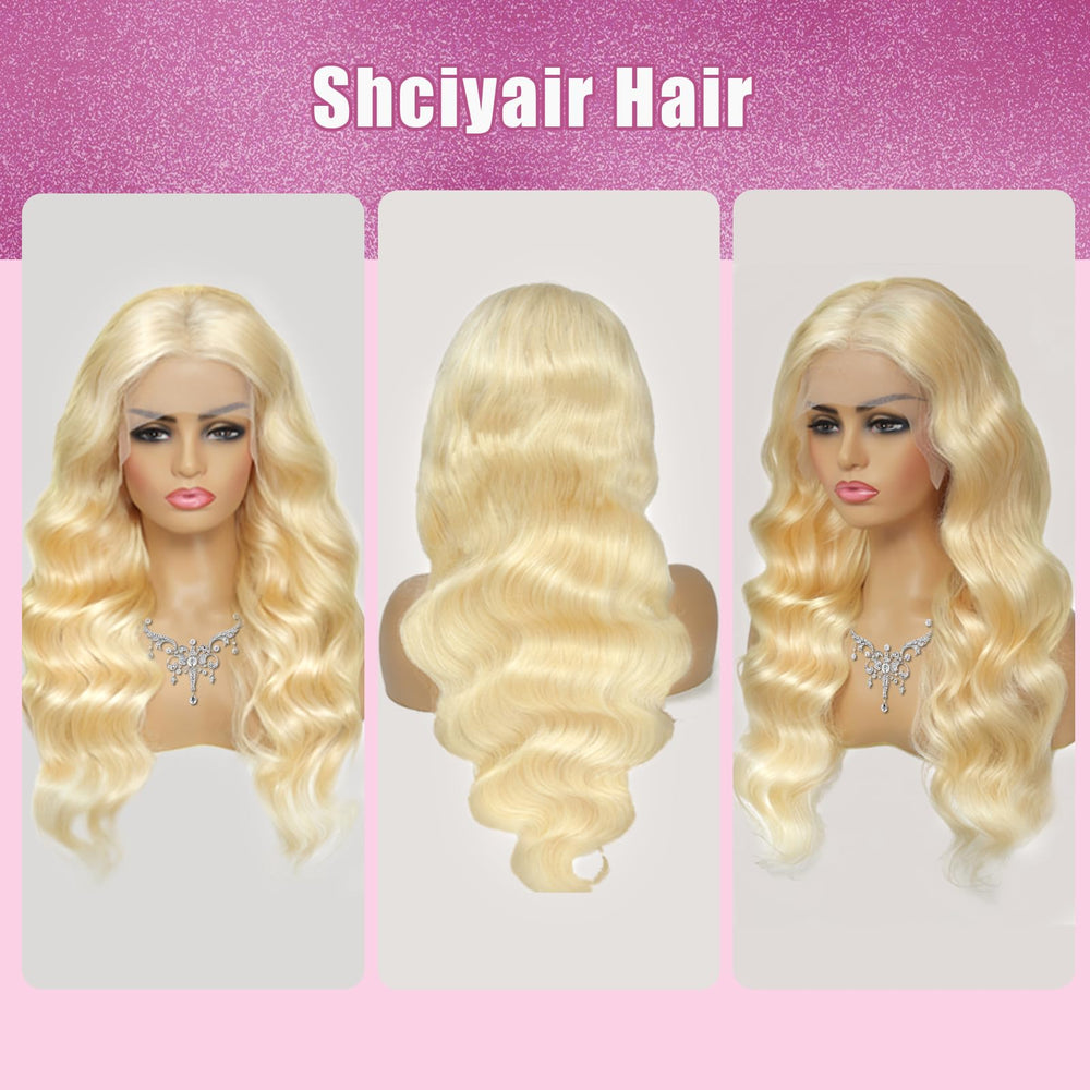Shciyair blonde body-wave wig styled for a formal look