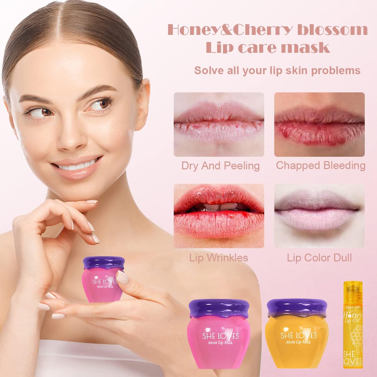 SHE LOVES Sakura flowers highlight natural extracts for gentle lip care.