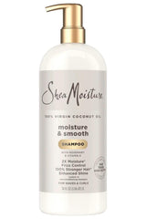 Shea Moisture shampoo bottle close-up for frizz control and radiant shine.