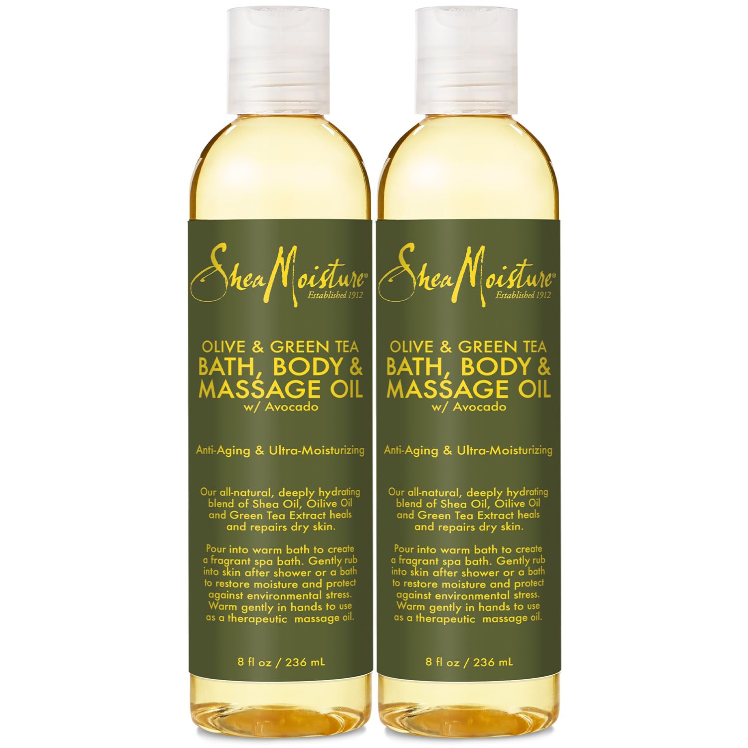 SheaMoisture aceite de baño y cuerpo con oliva y té verde, hidrata profundamente la piel.