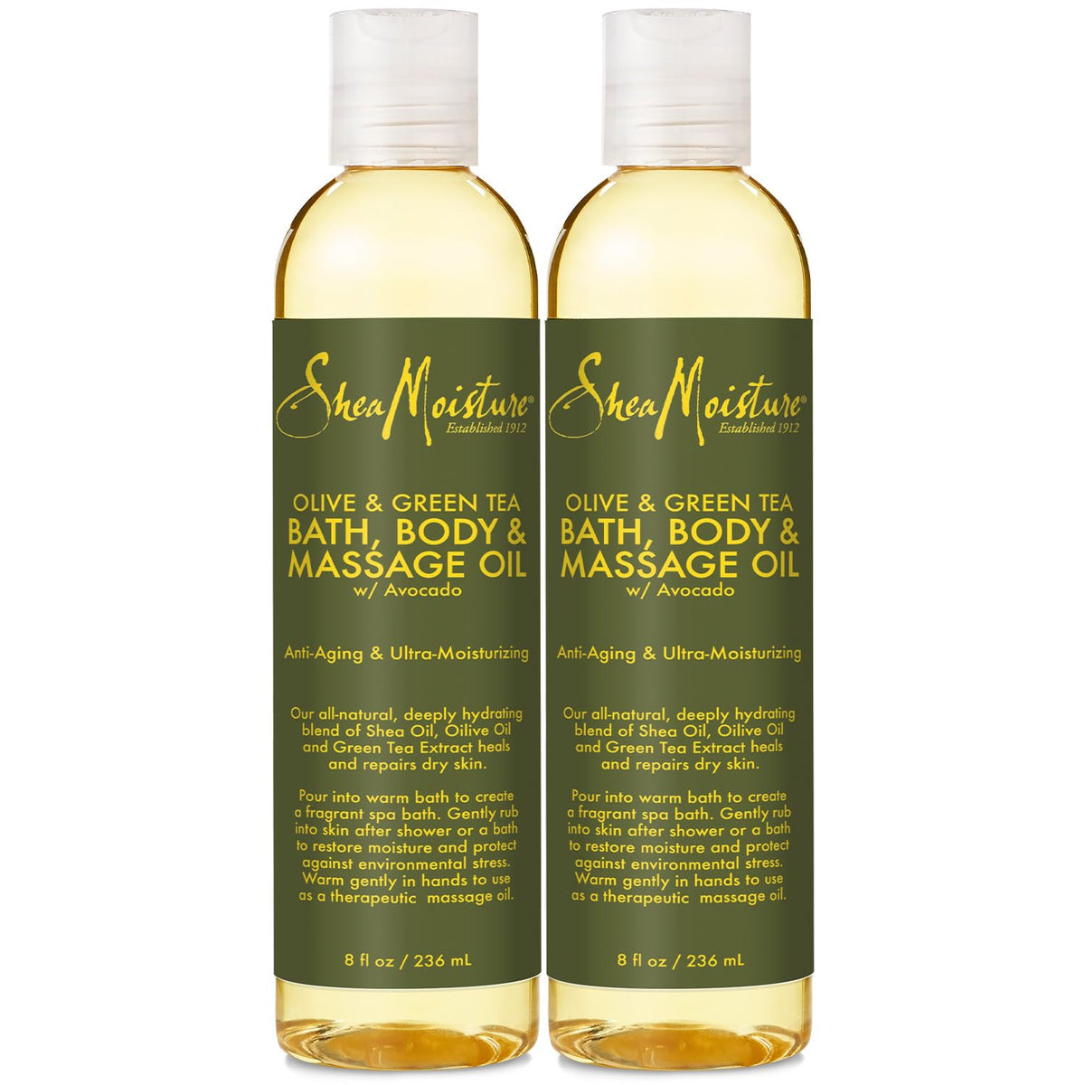 SheaMoisture aceite de baño y cuerpo con oliva y té verde, hidrata profundamente la piel.