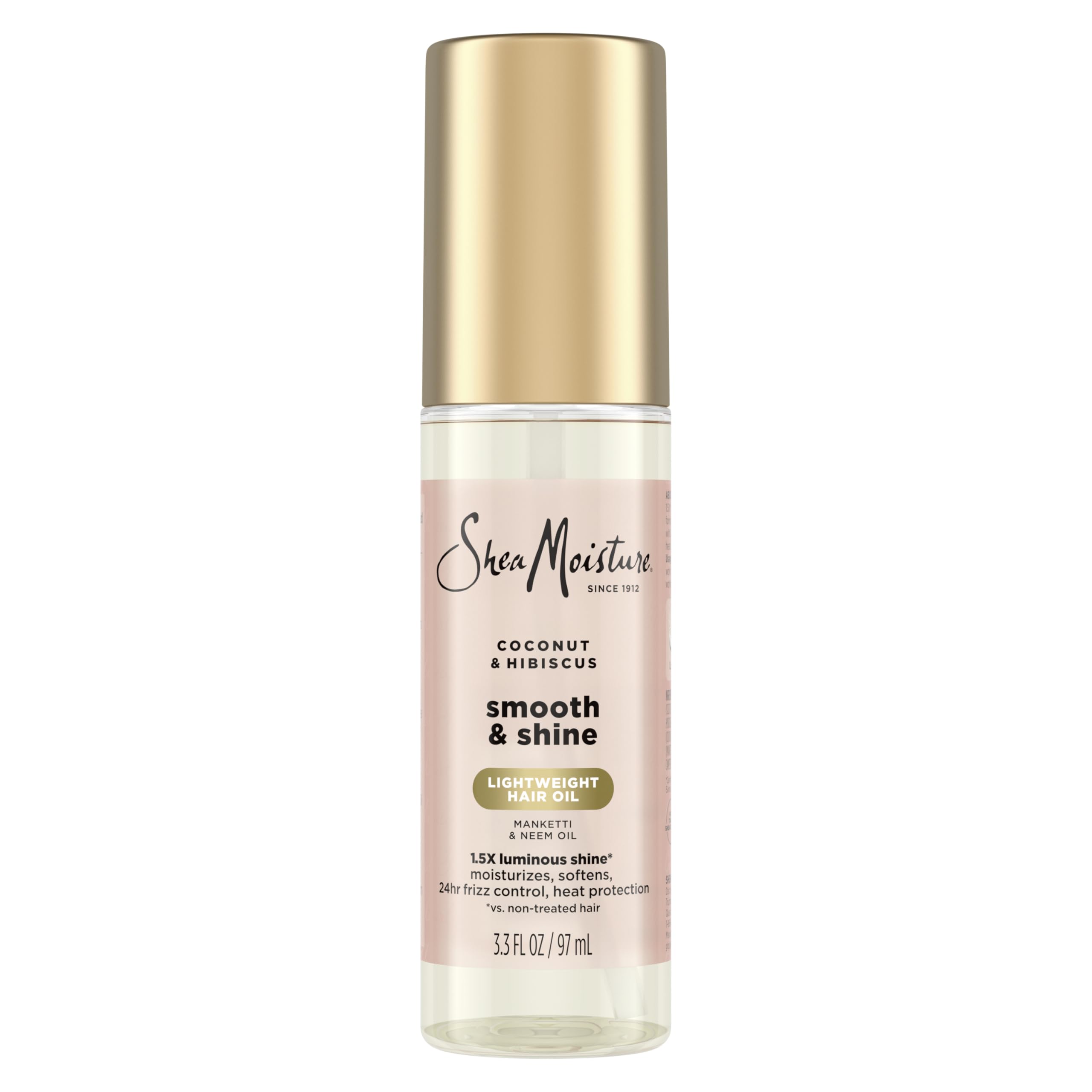 SheaMoisture Aceite Coco Hibisco, bote derramando, aporta hidratación y brillo al cabello.