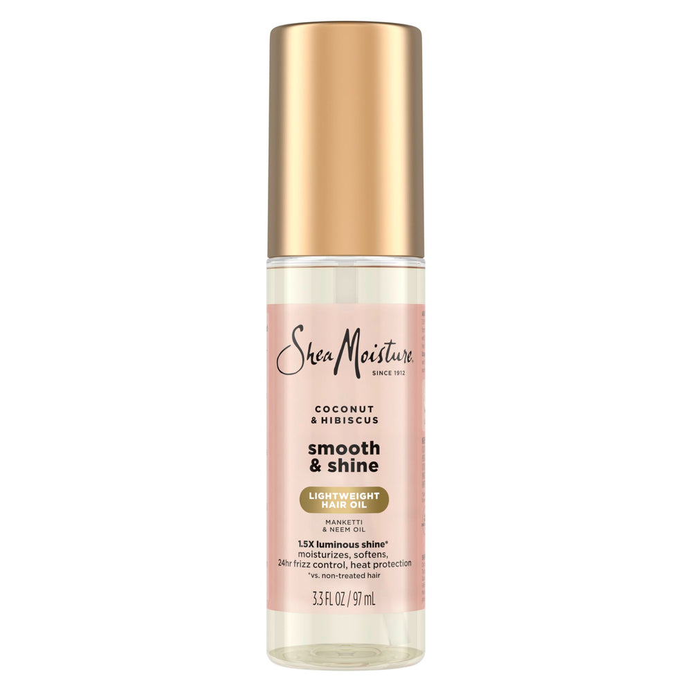 SheaMoisture Aceite Coco Hibisco, bote derramando, aporta hidratación y brillo al cabello.