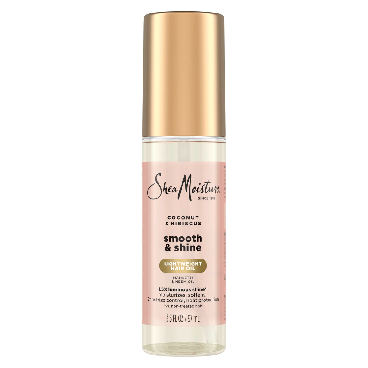 SheaMoisture Aceite Coco Hibisco, bote derramando, aporta hidratación y brillo al cabello.