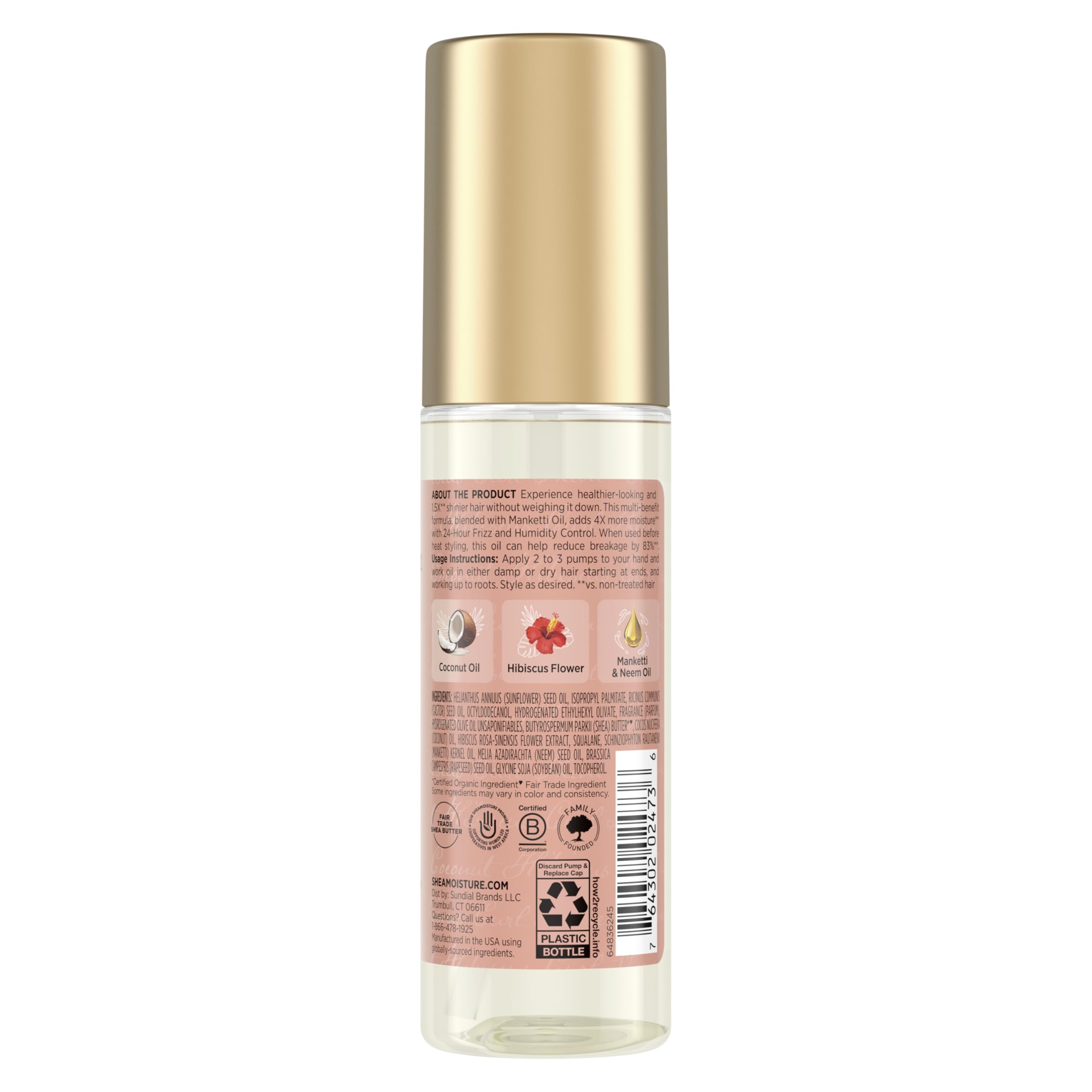 SheaMoisture Aceite Coco Hibisco, cabello brillante, facilita desenredo sedoso y manejo suave.