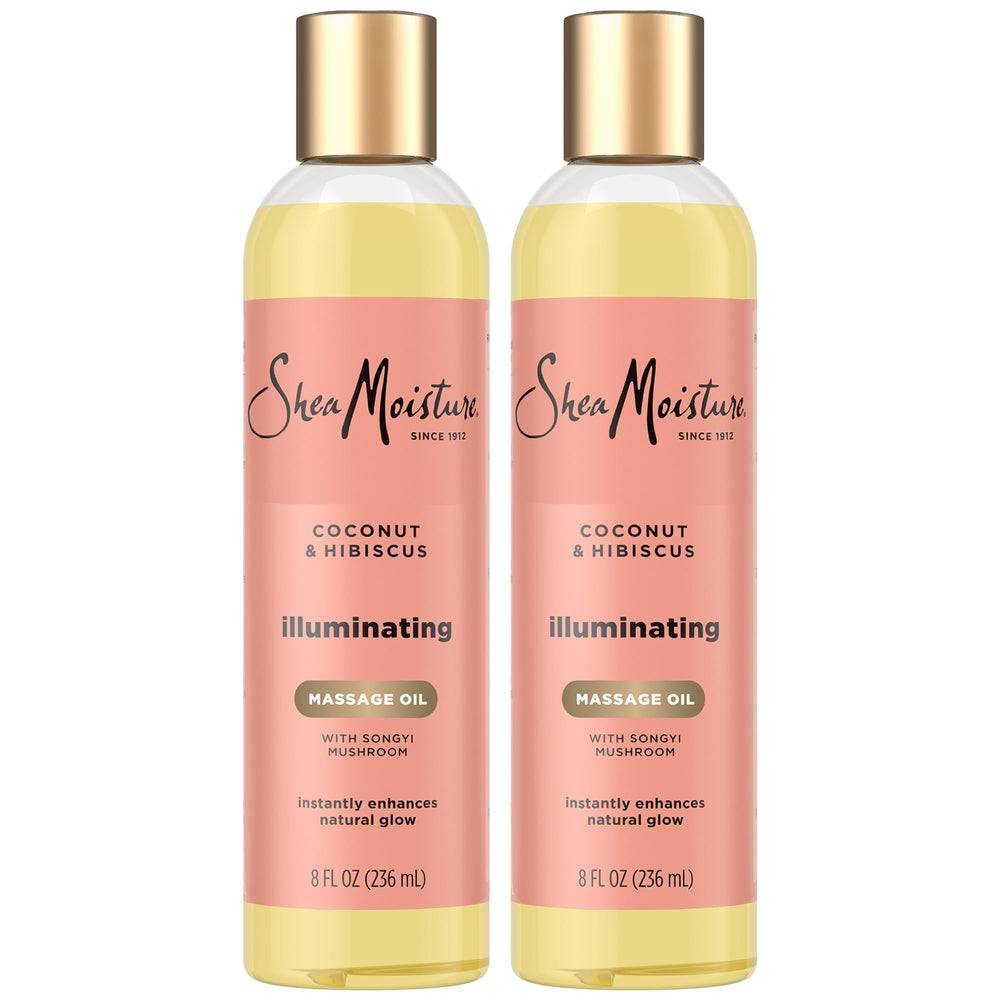 SheaMoisture Aceite de Masaje Iluminador, botellas para piel suave y radiante.
