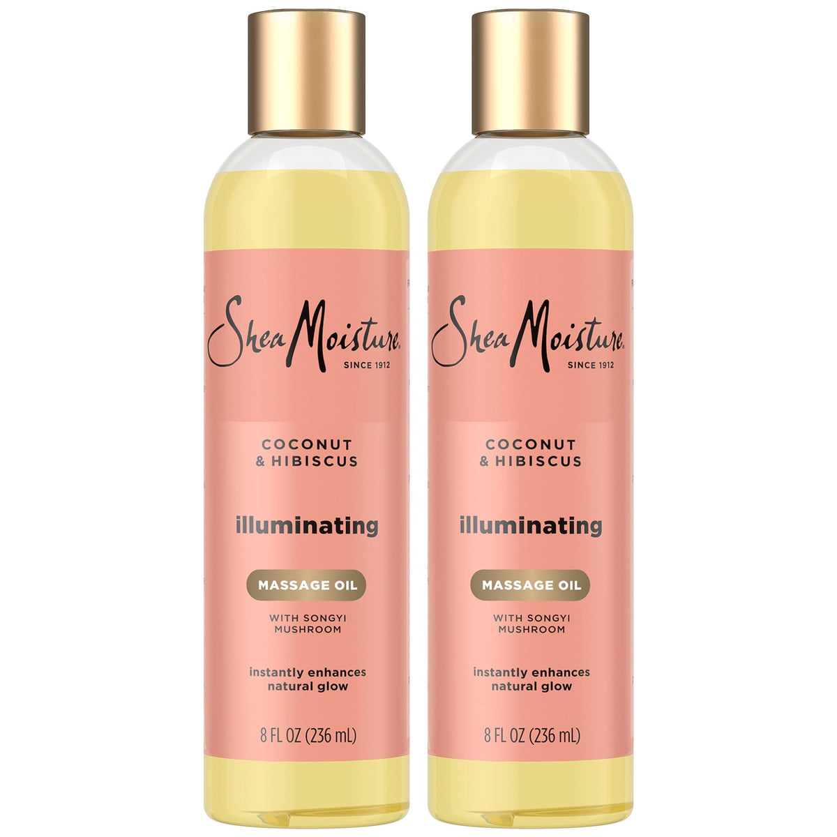 SheaMoisture Aceite de Masaje Iluminador, botellas para piel suave y radiante.