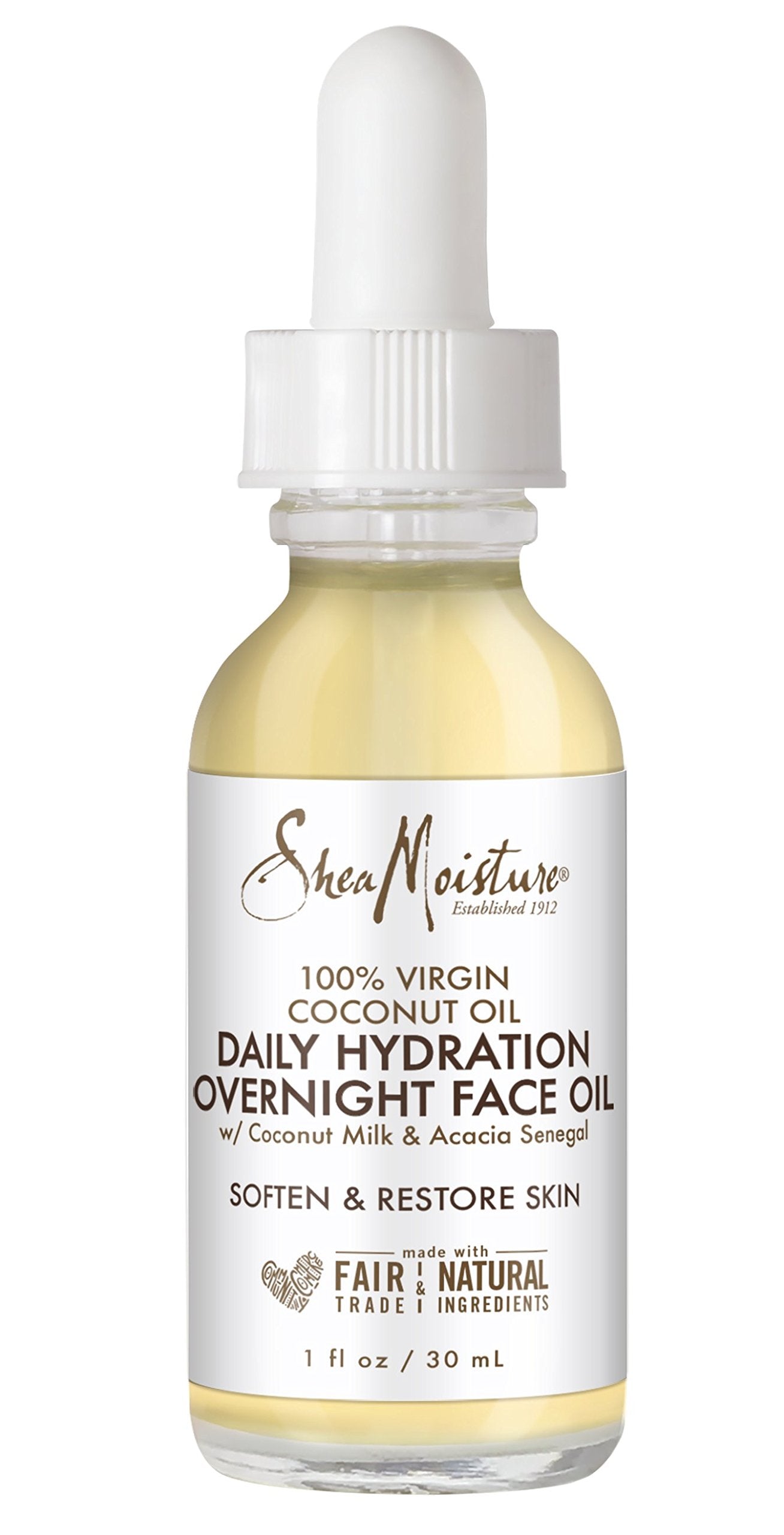 SheaMoisture aceite nocturno para la piel, envase derramando, hidratación nocturna.