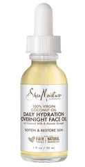 SheaMoisture aceite nocturno para la piel, envase derramando, hidratación nocturna.