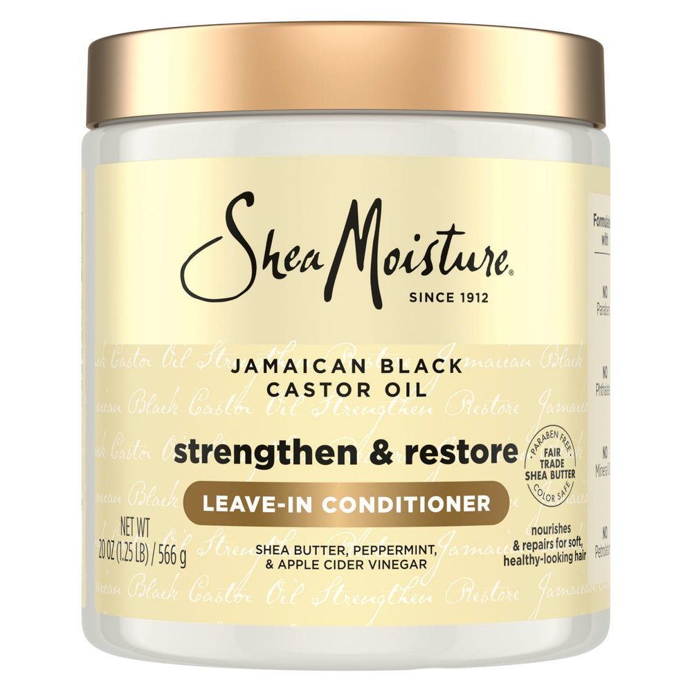 Acondicionador SheaMoisture sin enjuague con aceite de ricino jamaicano en botella para suavizar y desenredar.