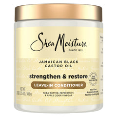 Acondicionador SheaMoisture sin enjuague con aceite de ricino jamaicano en botella para suavizar y desenredar.