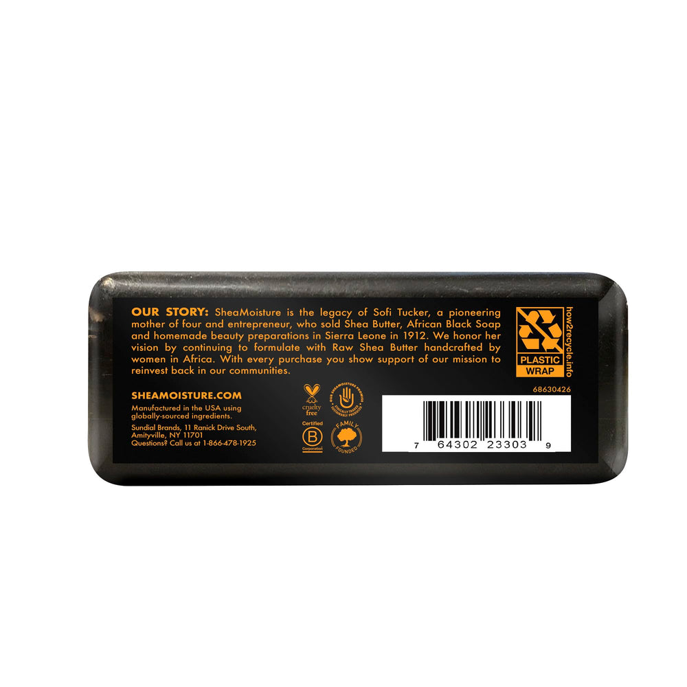 Close-up of SheaMoisture African Black Soap bar texture showing natural oils for balanced skin.