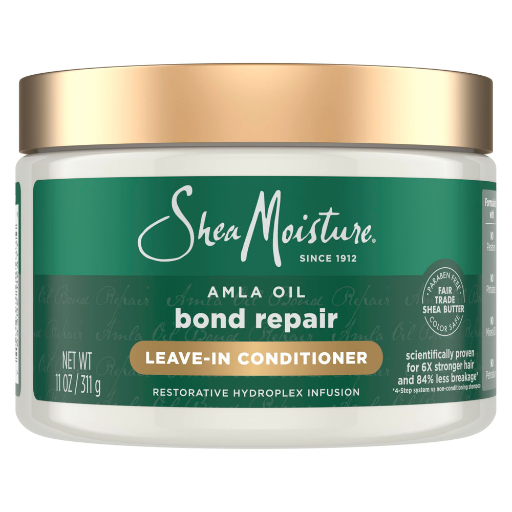 SheaMoisture Bond Repair Leave-In, botella derrame: hidratación intensa y protección de hebras.