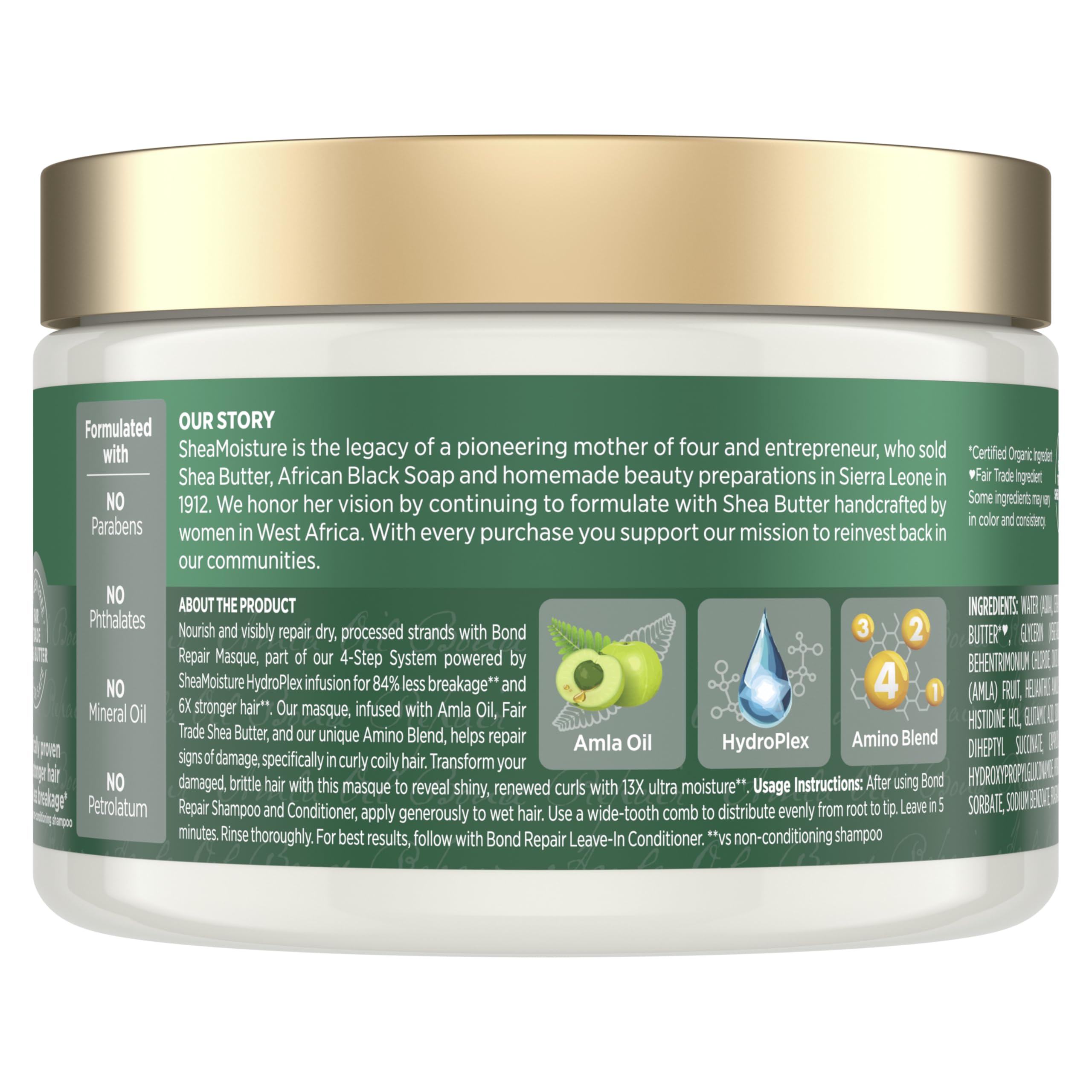 Bottle of SheaMoisture Bond Repair Masque with amla oil highlights nourishing formula for stronger hair
