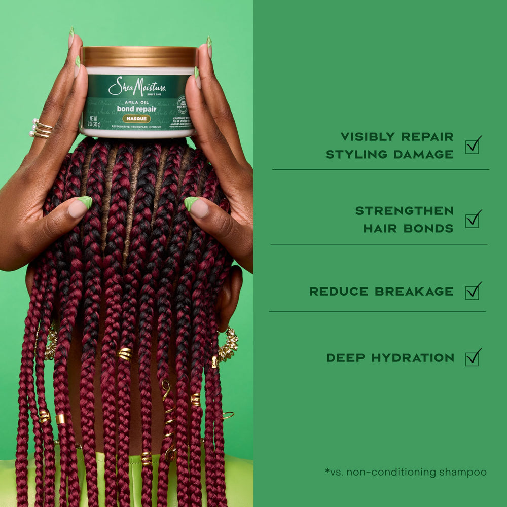 Packaging label of SheaMoisture Bond Repair Masque highlighting fair trade shea butter