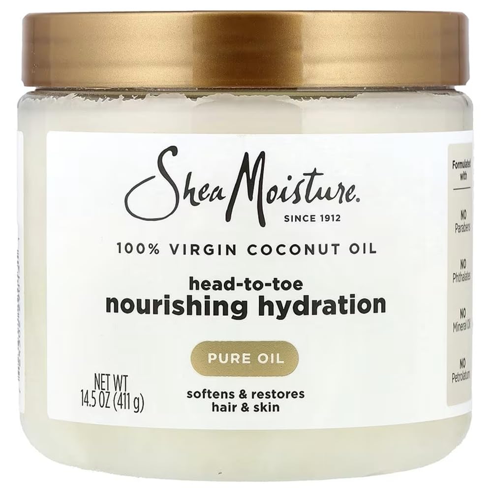 SheaMoisture bote de aceite de coco virgen para piel y cabello.