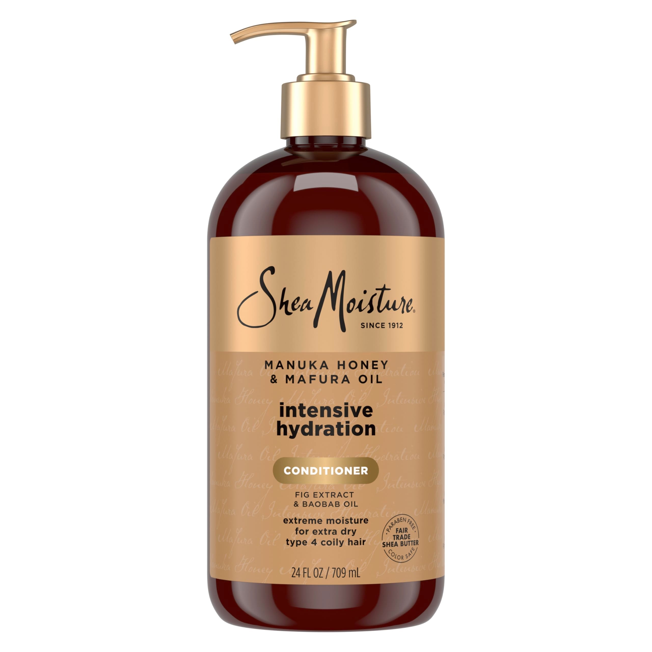 SheaMoisture Manuka Honey Mafura, botella mostrada, hidratación profunda para cabellos rizados.