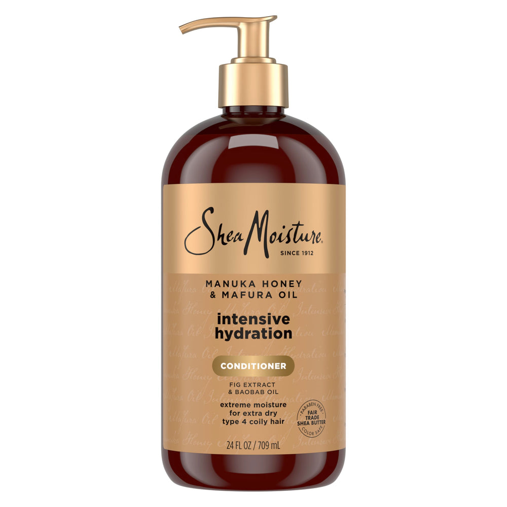 SheaMoisture Manuka Honey Mafura, botella mostrada, hidratación profunda para cabellos rizados.