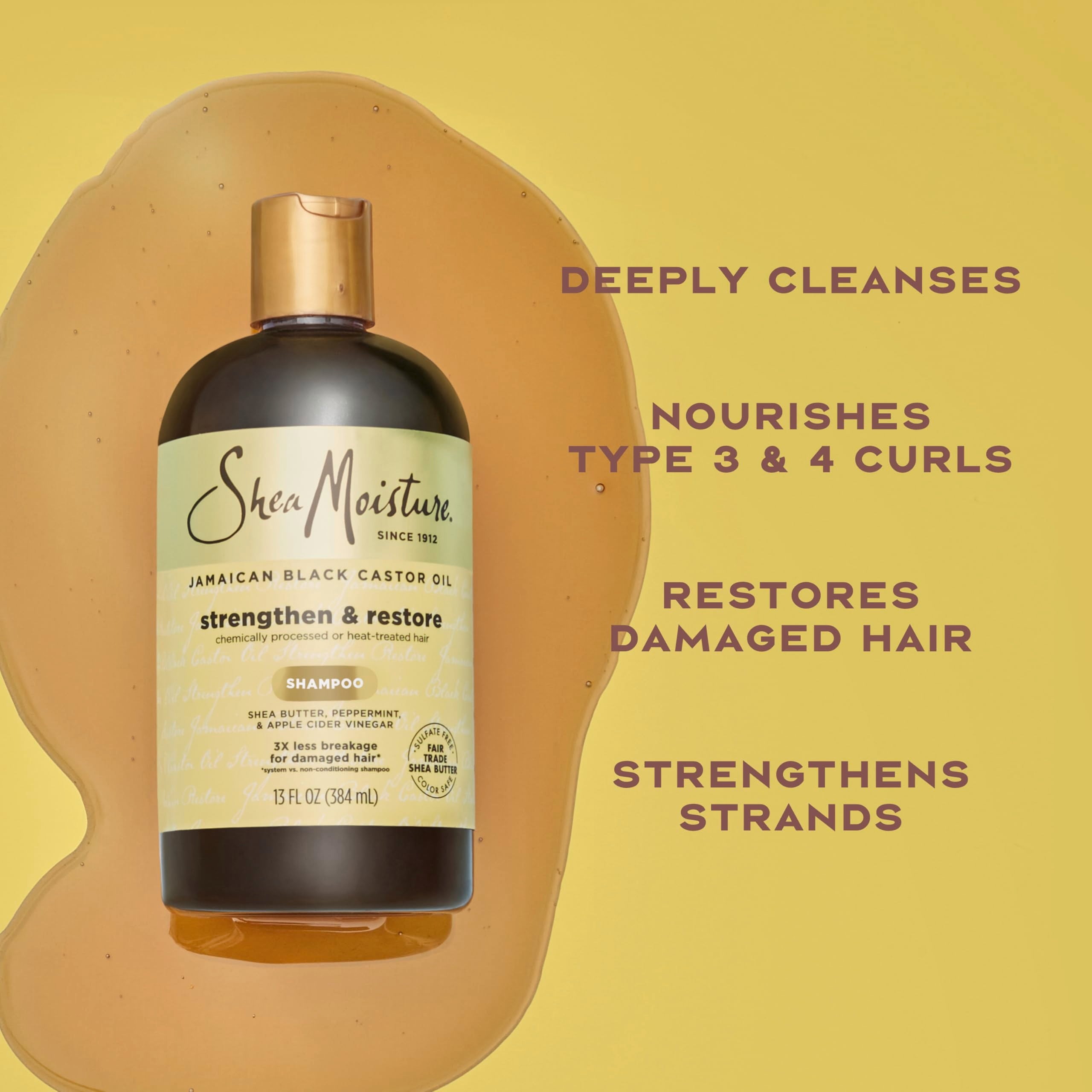 SheaMoisture champú, aceite de ricino jamaicano visible, fortalecimiento capilar.