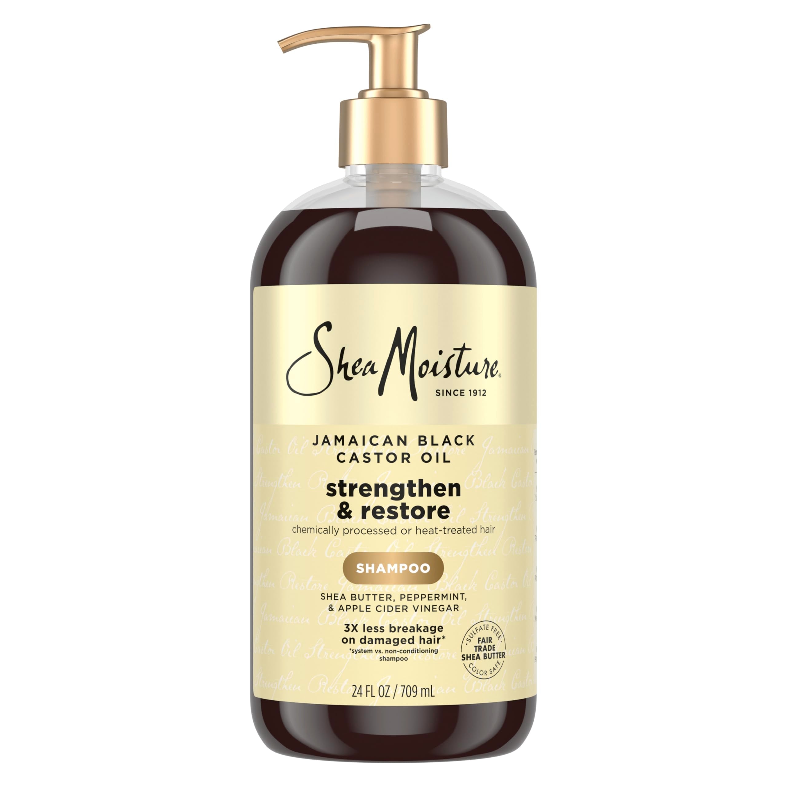 SheaMoisture champú fortalecedor con aceite de ricino jamaicano; botella vertiendo, uso diario
