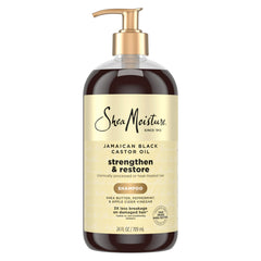 SheaMoisture champú fortalecedor con aceite de ricino jamaicano; botella vertiendo, uso diario
