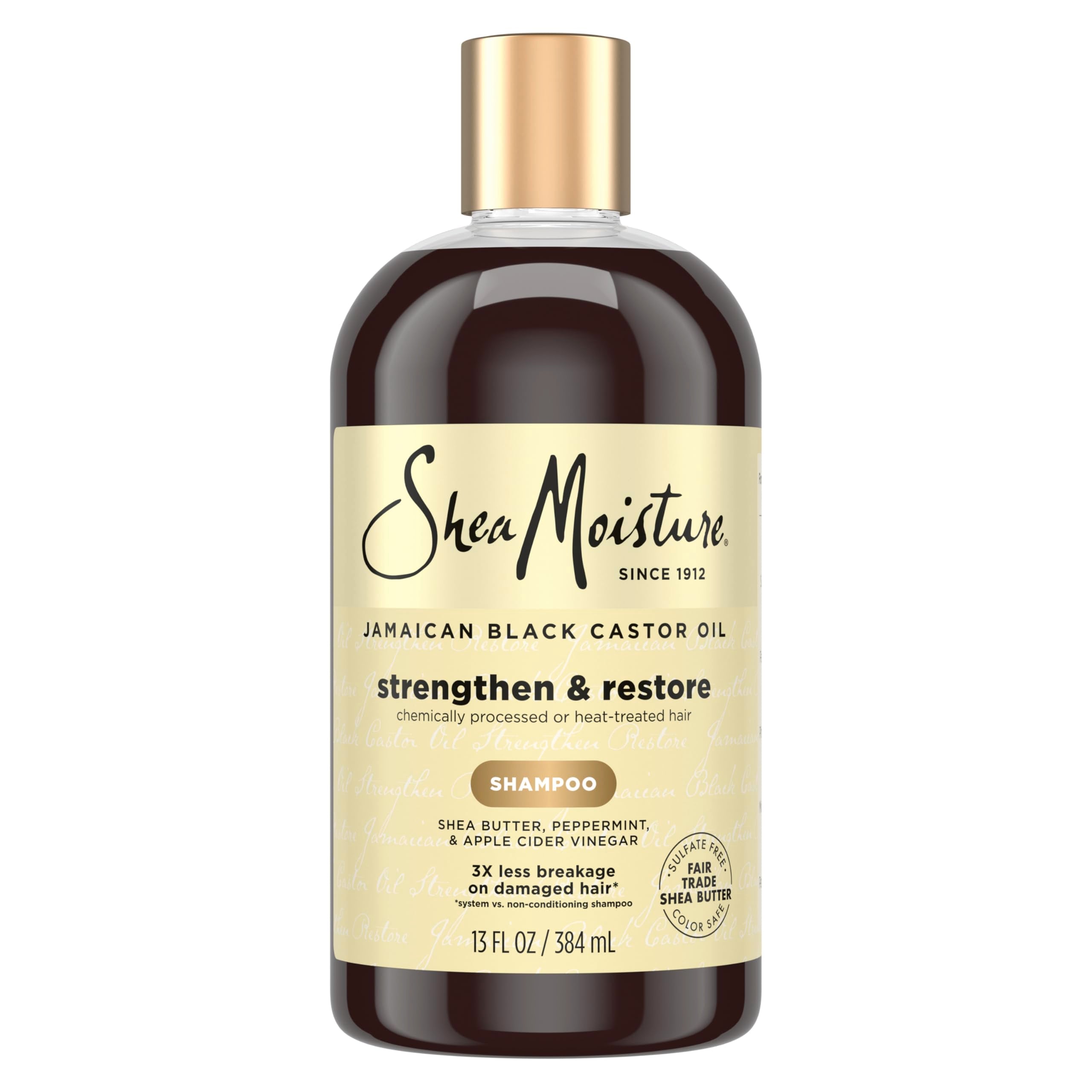 SheaMoisture champú con aceite de ricino negro jamaicano, botella frontal, limpieza suave para cabello dañado.