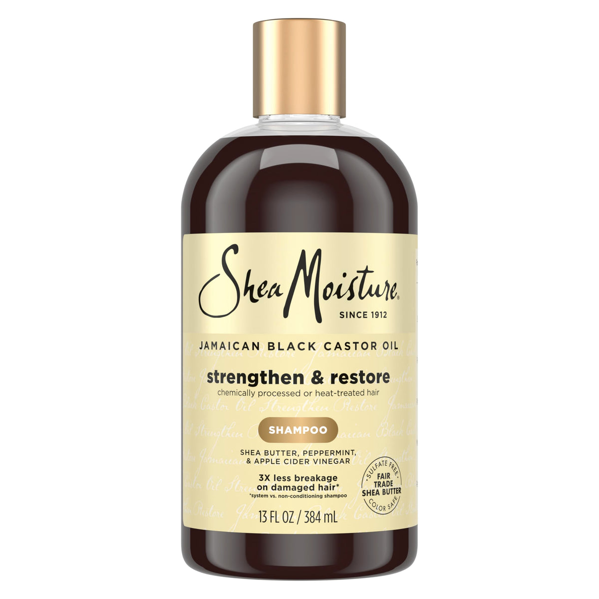 SheaMoisture champú con aceite de ricino negro jamaicano, botella frontal, limpieza suave para cabello dañado.