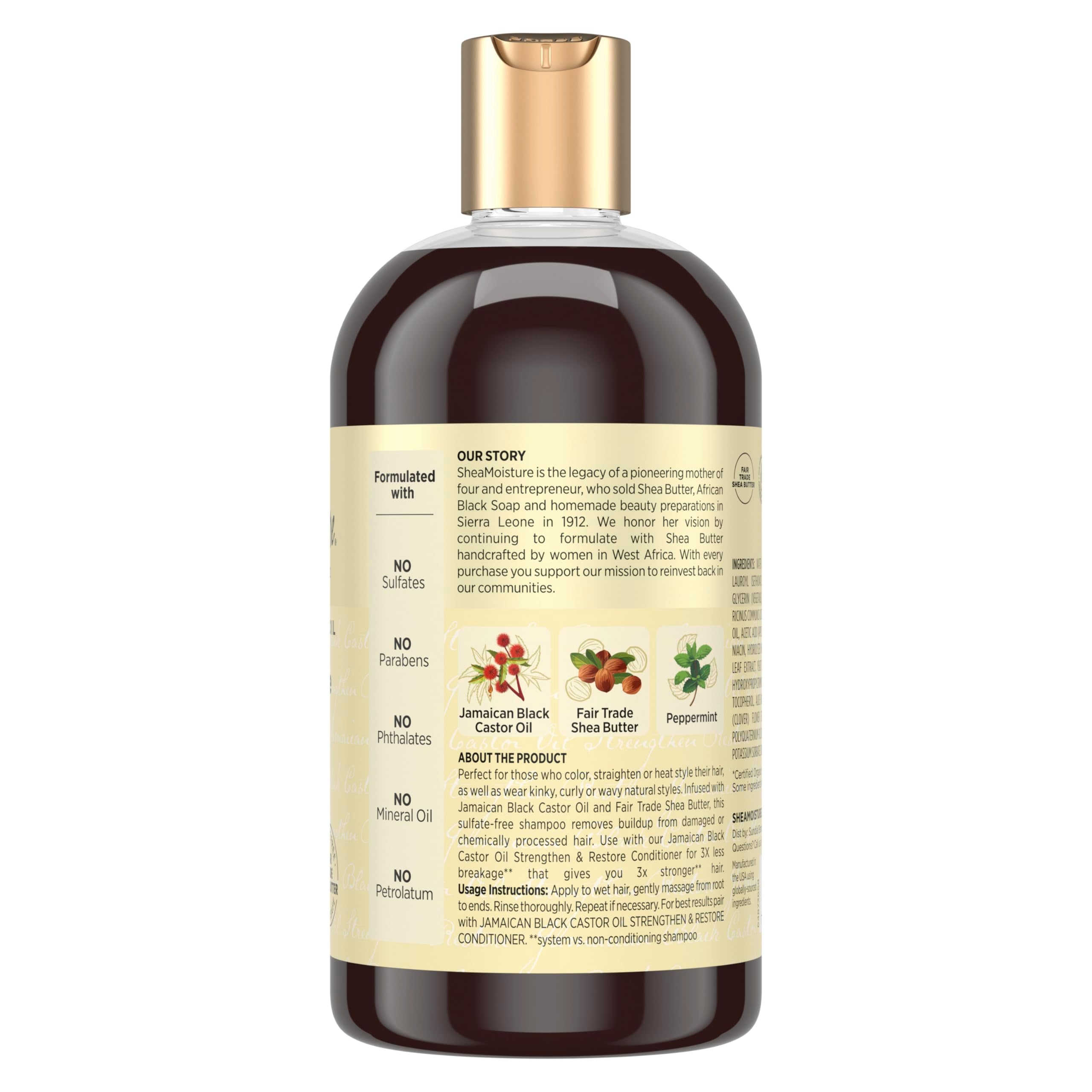 SheaMoisture champú, ingredientes visibles, manteca de karité para fortalecimiento.