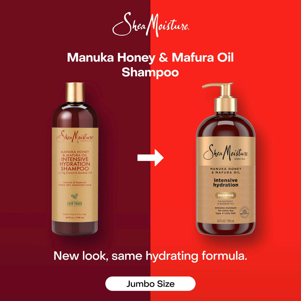 SheaMoisture Champú etiqueta de ingredientes con miel de Manuka y Mafura para nutrición.